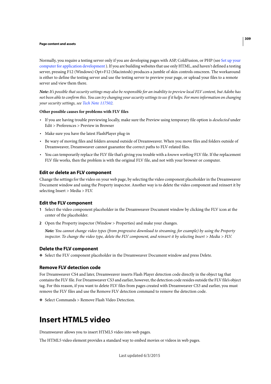 Edit or delete an flv component, Edit the flv component, Delete the flv component | Remove flv detection code, Insert html5 video | Adobe Dreamweaver CC 2015 User Manual | Page 316 / 700