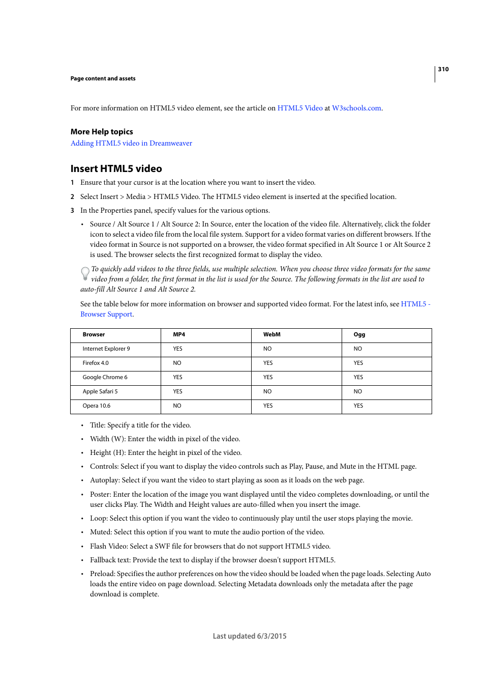 Insert html5 video | Adobe Dreamweaver CC 2015 User Manual | Page 317 / 700