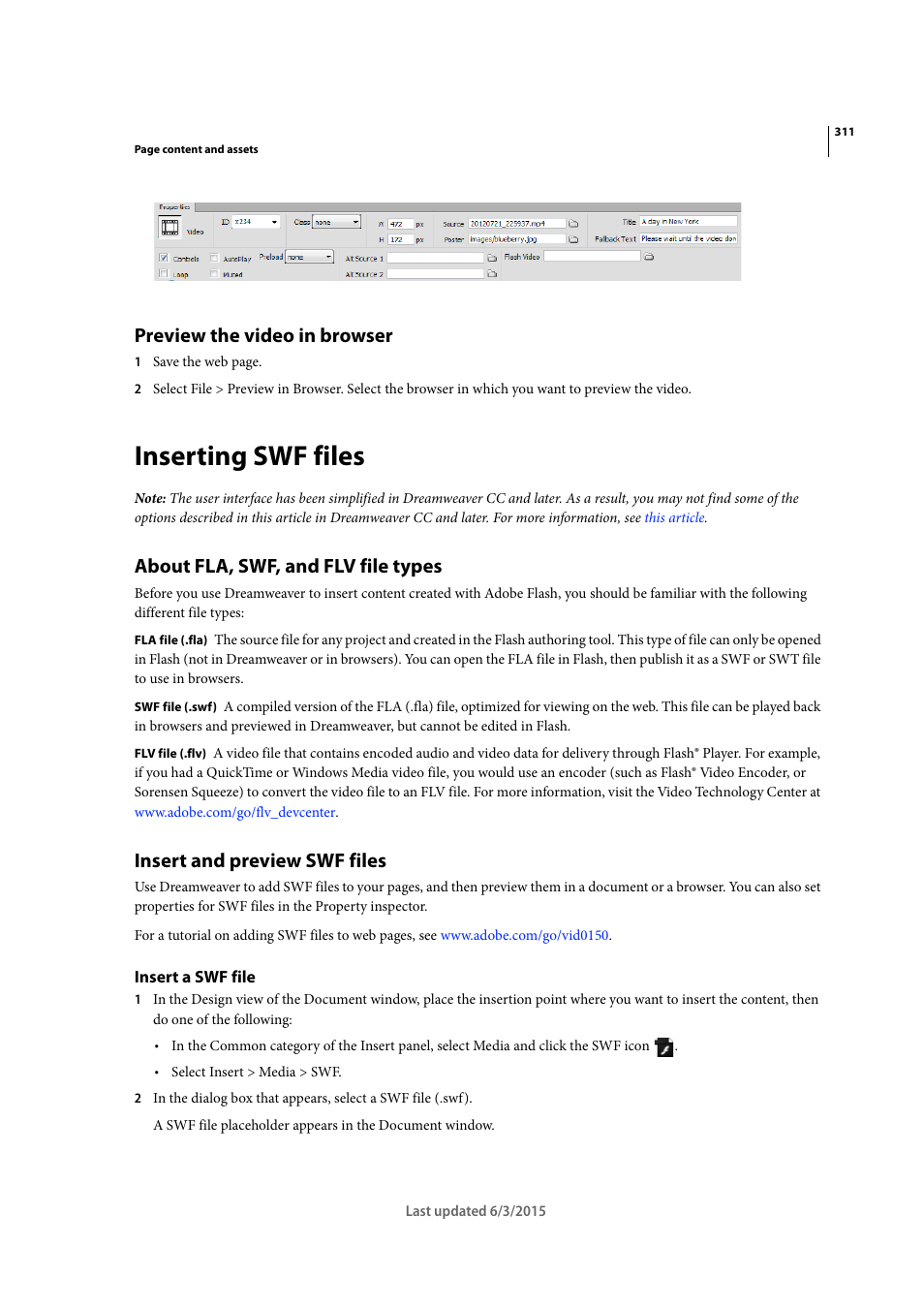 Preview the video in browser, Inserting swf files, About fla, swf, and flv file types | Insert and preview swf files, Insert a swf file | Adobe Dreamweaver CC 2015 User Manual | Page 318 / 700