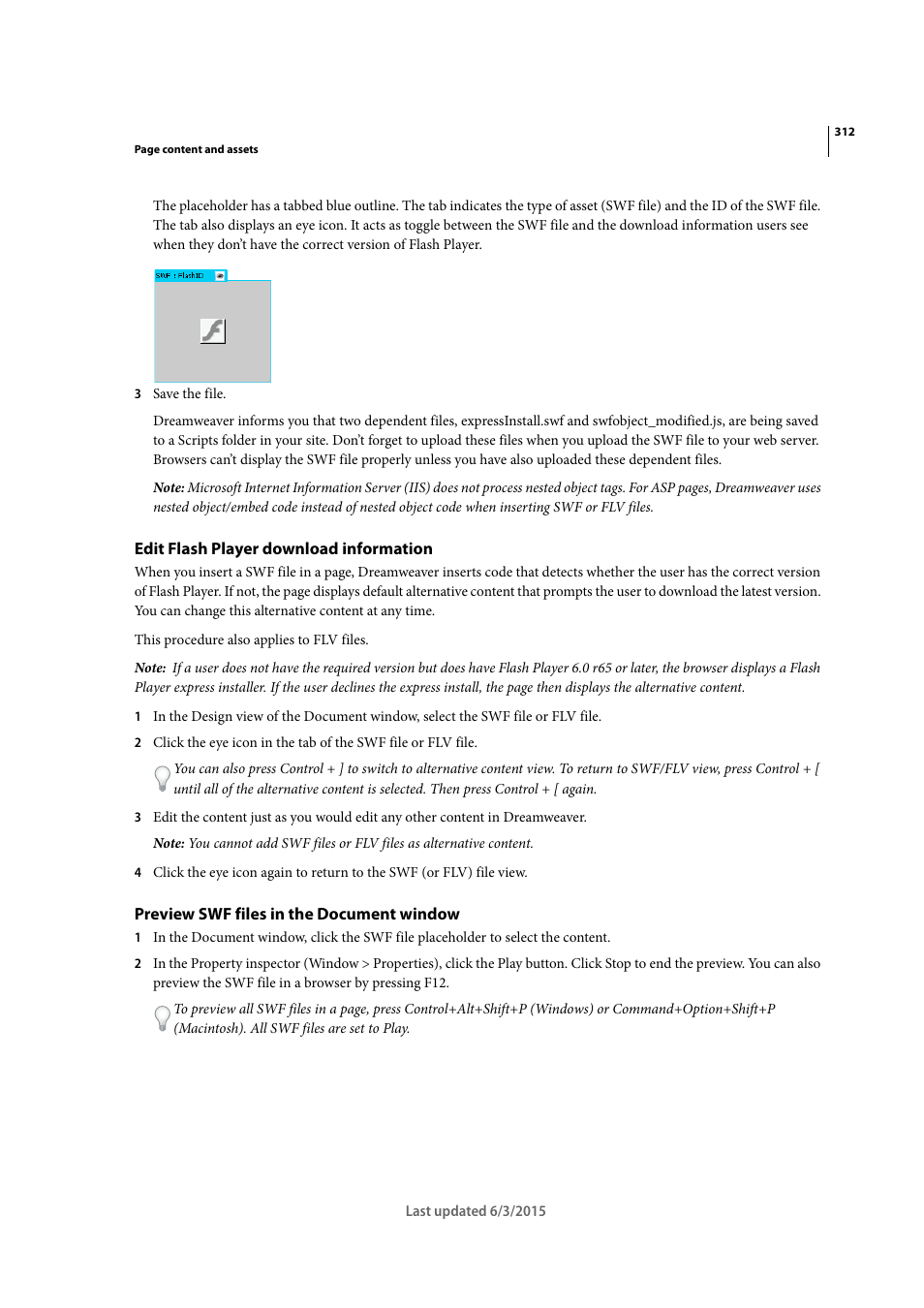 Edit flash player download information, Preview swf files in the document window | Adobe Dreamweaver CC 2015 User Manual | Page 319 / 700