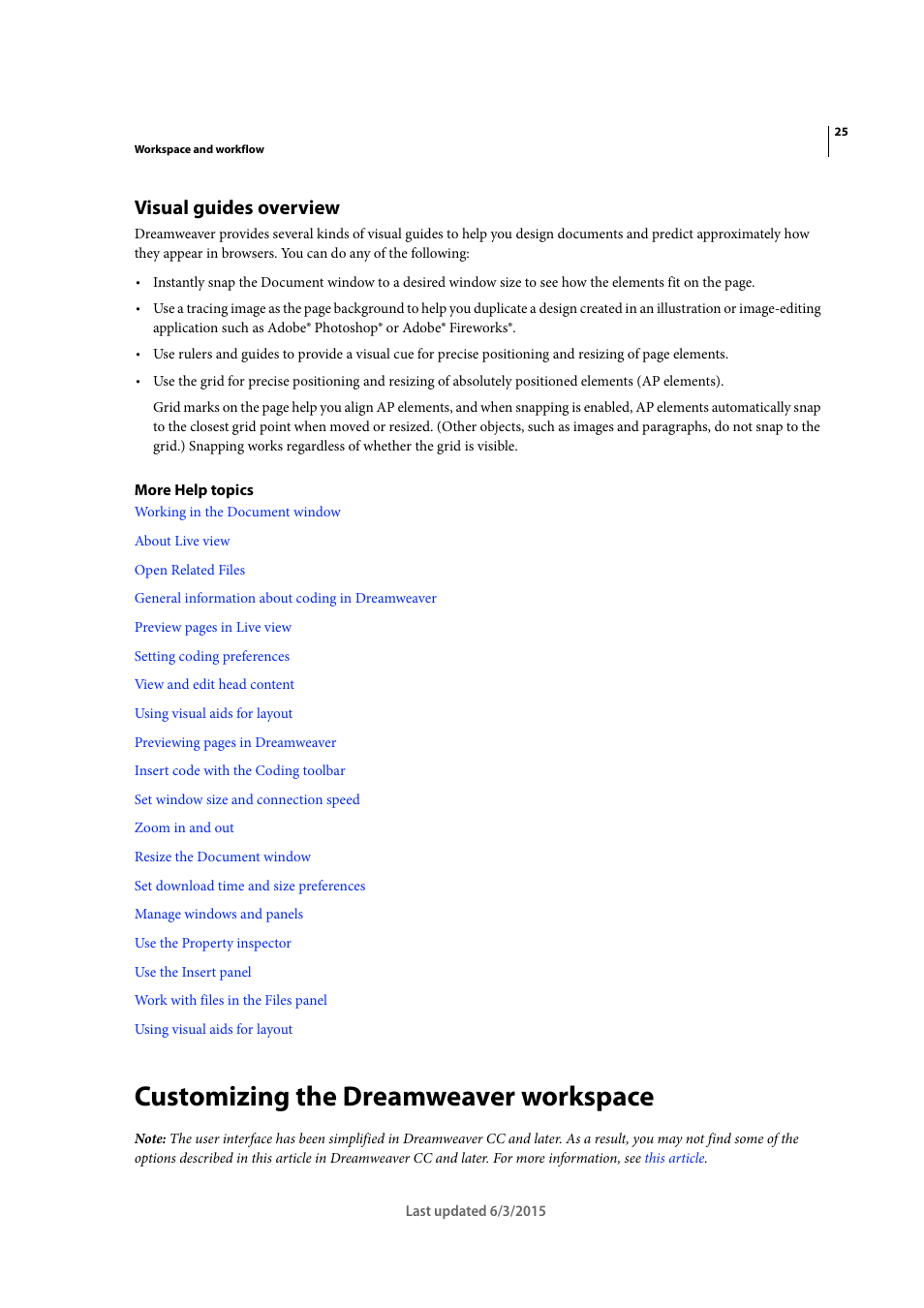 Visual guides overview, Customizing the dreamweaver workspace | Adobe Dreamweaver CC 2015 User Manual | Page 32 / 700