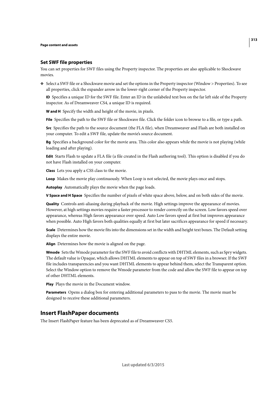 Set swf file properties, Insert flashpaper documents | Adobe Dreamweaver CC 2015 User Manual | Page 320 / 700