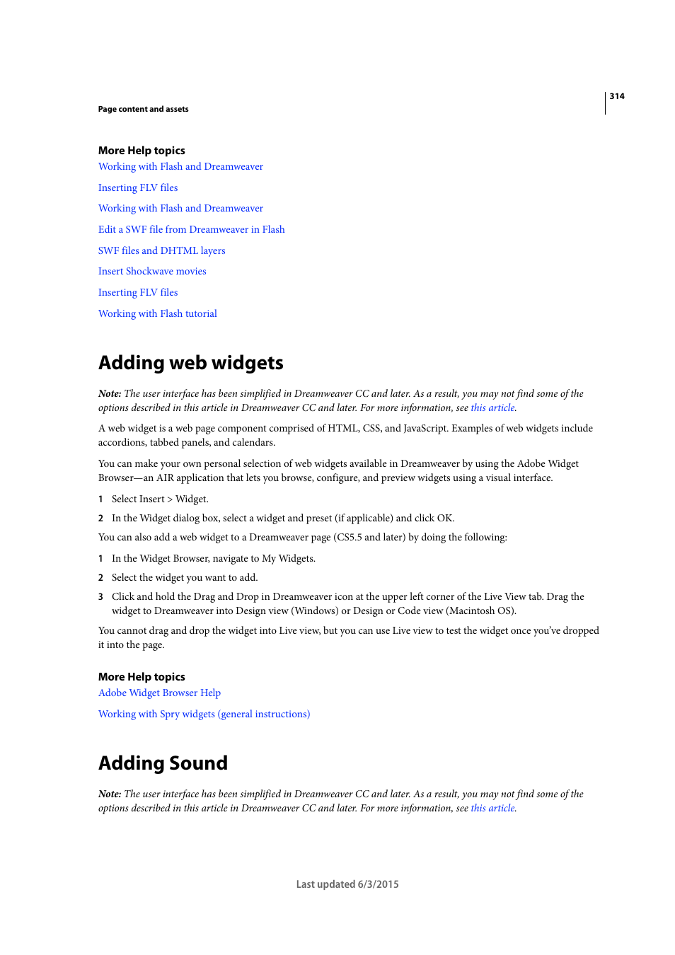 Adding web widgets, Adding sound | Adobe Dreamweaver CC 2015 User Manual | Page 321 / 700