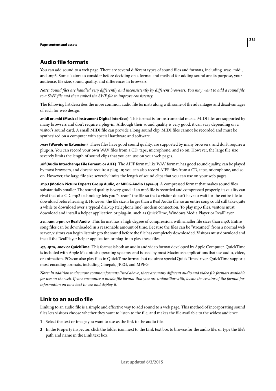 Audio file formats, Link to an audio file | Adobe Dreamweaver CC 2015 User Manual | Page 322 / 700