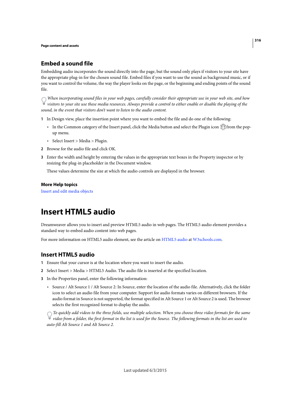 Embed a sound file, Insert html5 audio | Adobe Dreamweaver CC 2015 User Manual | Page 323 / 700