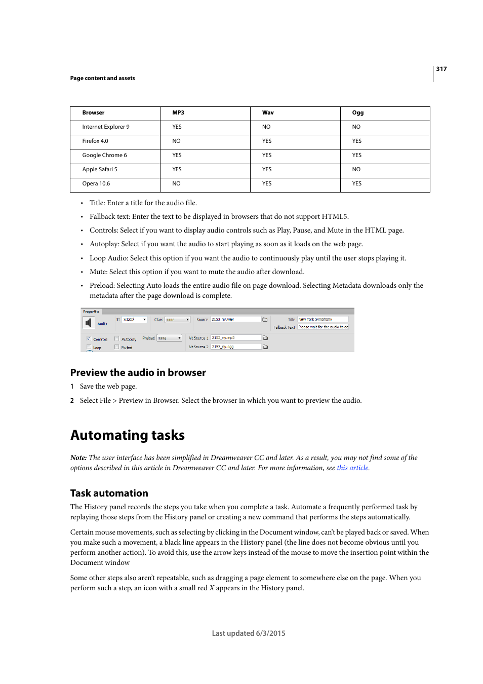 Preview the audio in browser, Automating tasks, Task automation | Adobe Dreamweaver CC 2015 User Manual | Page 324 / 700