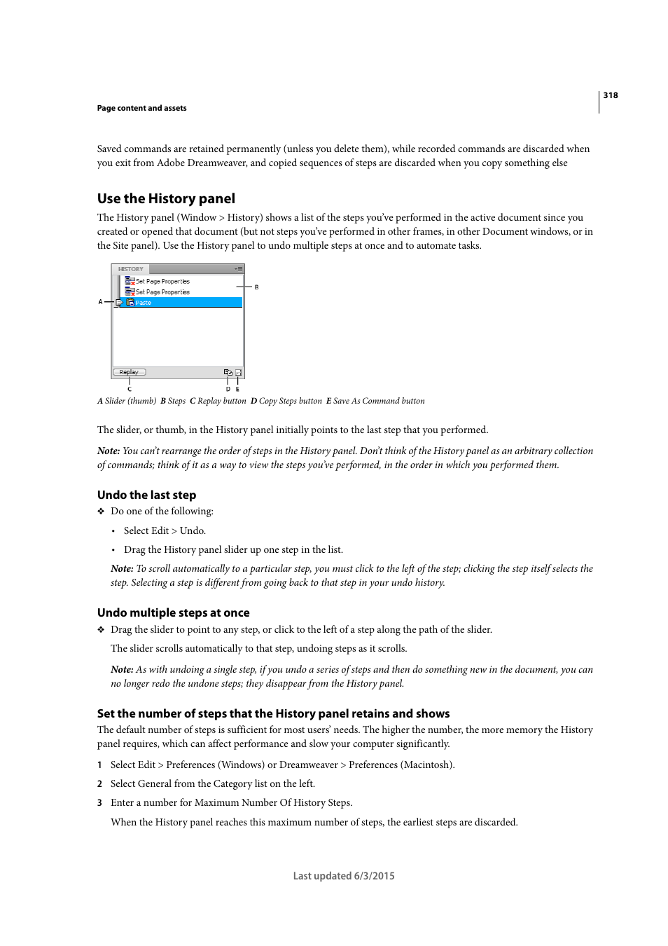 Use the history panel, Undo the last step, Undo multiple steps at once | Adobe Dreamweaver CC 2015 User Manual | Page 325 / 700