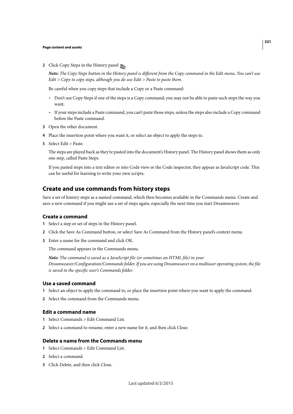 Create and use commands from history steps, Create a command, Use a saved command | Edit a command name, Delete a name from the commands menu | Adobe Dreamweaver CC 2015 User Manual | Page 328 / 700