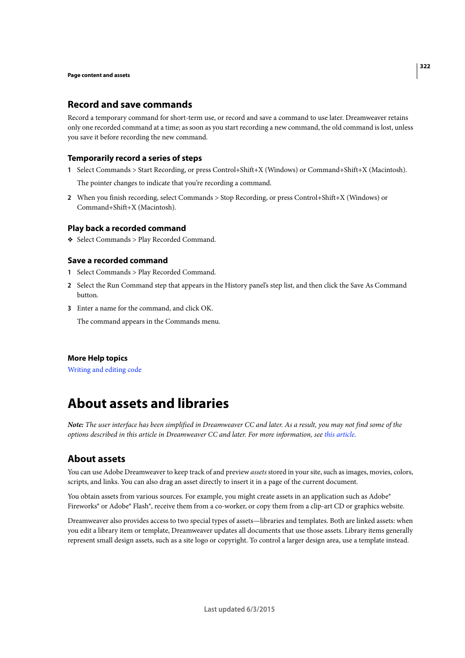 Record and save commands, Temporarily record a series of steps, Play back a recorded command | Save a recorded command, About assets and libraries, About assets | Adobe Dreamweaver CC 2015 User Manual | Page 329 / 700