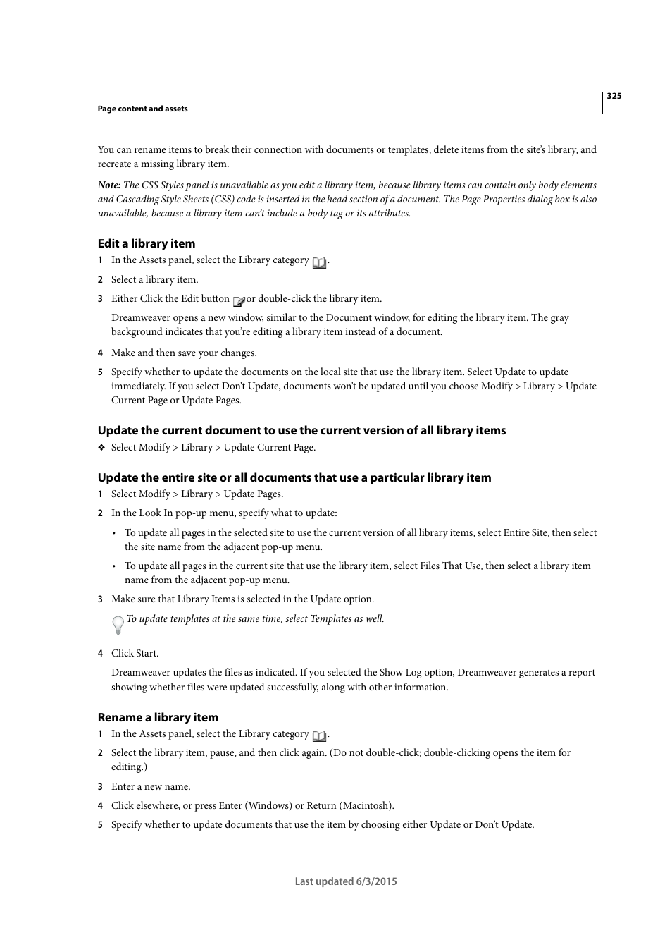 Edit a library item, Rename a library item | Adobe Dreamweaver CC 2015 User Manual | Page 332 / 700