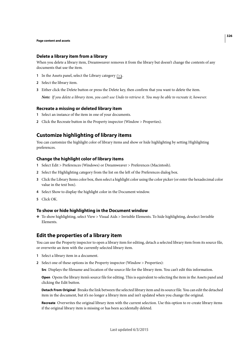 Delete a library item from a library, Recreate a missing or deleted library item, Customize highlighting of library items | Change the highlight color of library items, Edit the properties of a library item | Adobe Dreamweaver CC 2015 User Manual | Page 333 / 700