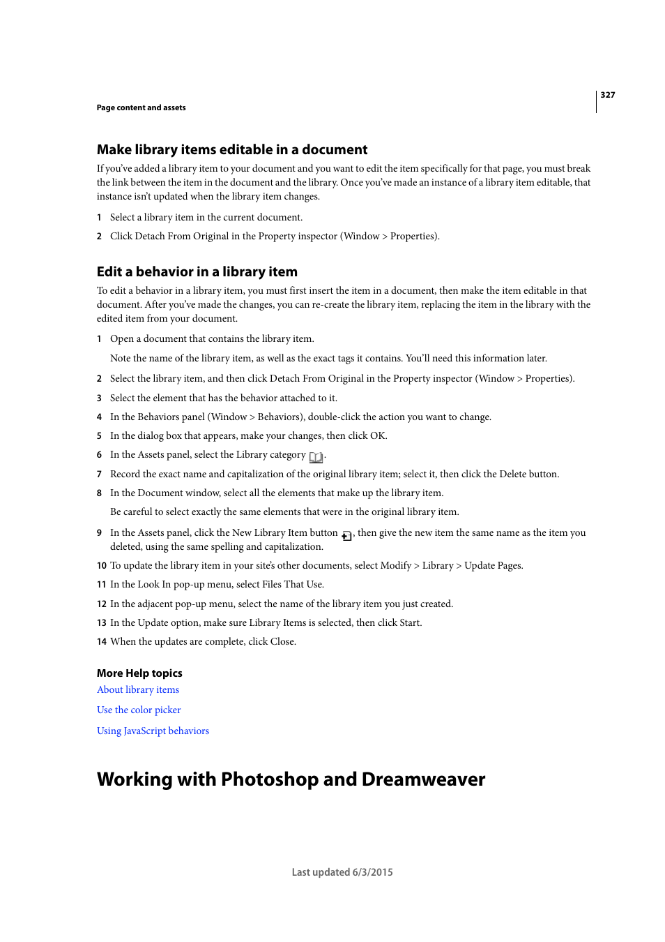 Make library items editable in a document, Edit a behavior in a library item, Working with photoshop and dreamweaver | Adobe Dreamweaver CC 2015 User Manual | Page 334 / 700