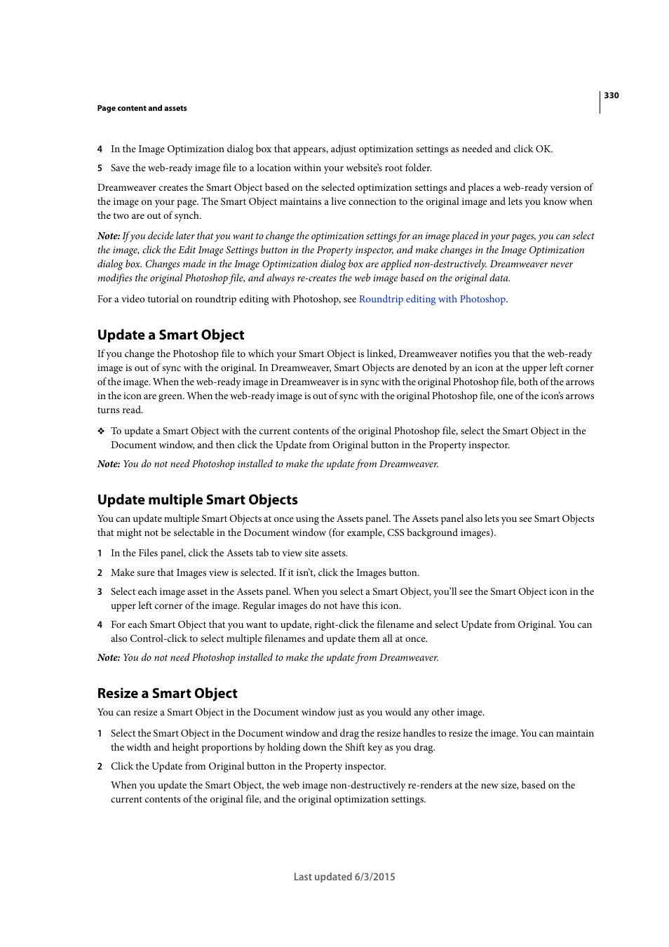 Update a smart object, Update multiple smart objects, Resize a smart object | Adobe Dreamweaver CC 2015 User Manual | Page 337 / 700