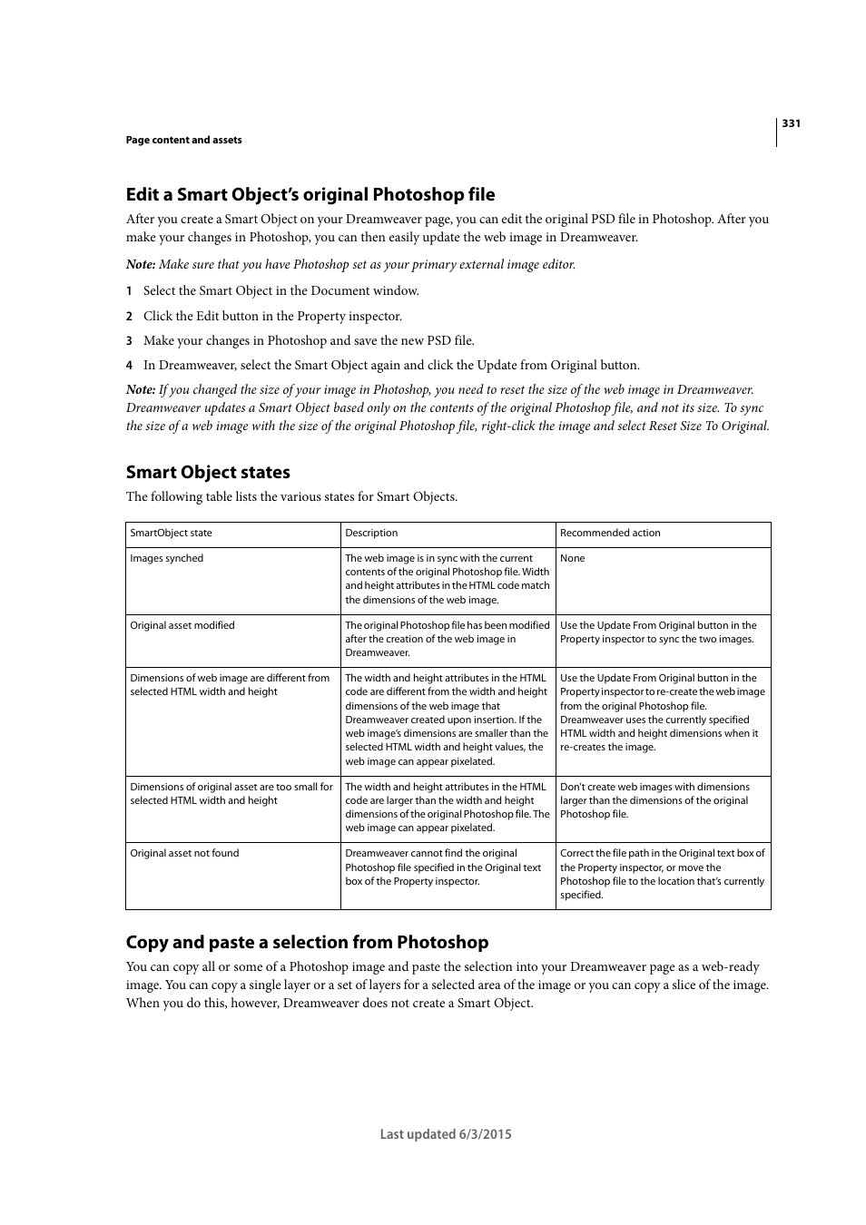 Edit a smart object’s original photoshop file, Smart object states, Copy and paste a selection from photoshop | Adobe Dreamweaver CC 2015 User Manual | Page 338 / 700