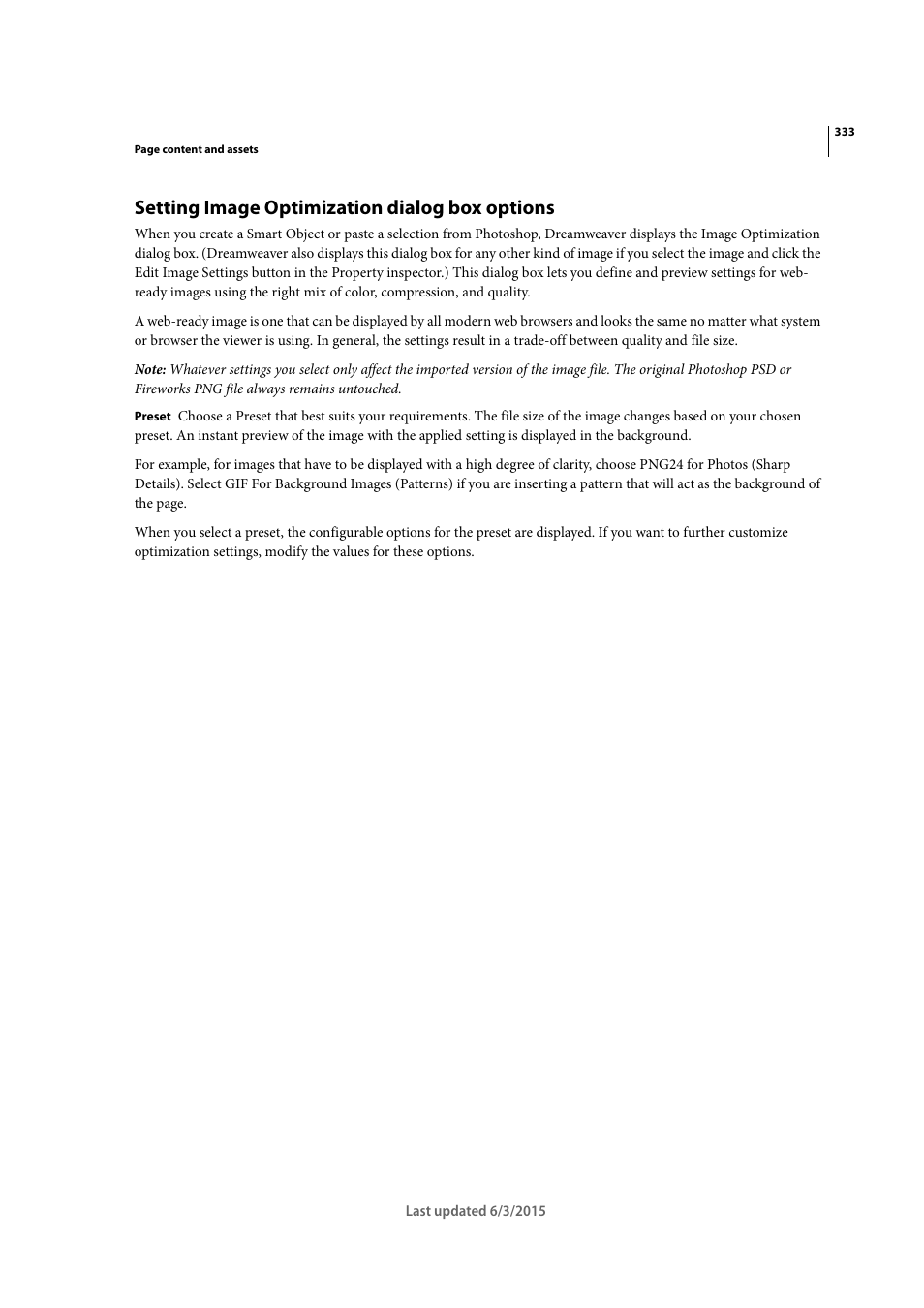 Setting image optimization dialog box options | Adobe Dreamweaver CC 2015 User Manual | Page 340 / 700