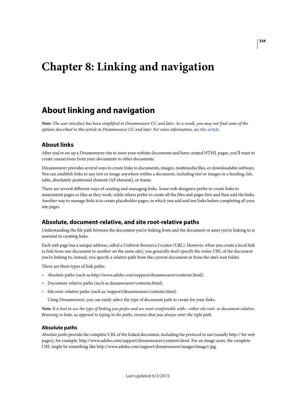 Chapter 8: linking and navigation, About linking and navigation, About links | Absolute paths | Adobe Dreamweaver CC 2015 User Manual | Page 341 / 700