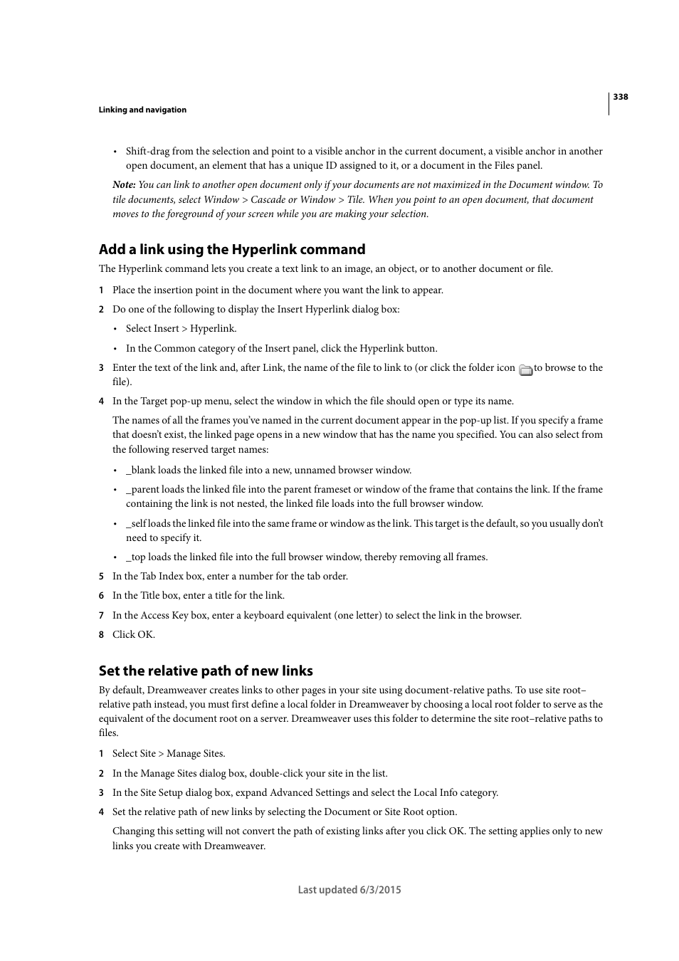 Add a link using the hyperlink command, Set the relative path of new links | Adobe Dreamweaver CC 2015 User Manual | Page 345 / 700