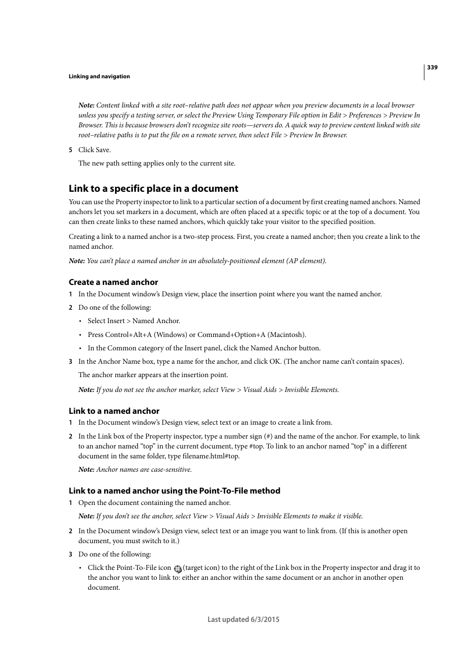 Link to a specific place in a document, Create a named anchor, Link to a named anchor | Adobe Dreamweaver CC 2015 User Manual | Page 346 / 700
