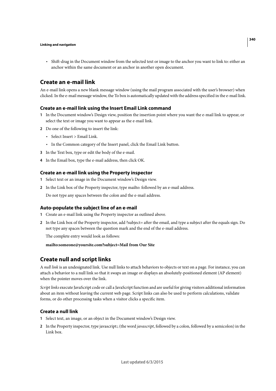 Create an e-mail link, Create an e-mail link using the property inspector, Auto-populate the subject line of an e-mail | Create null and script links, Create a null link | Adobe Dreamweaver CC 2015 User Manual | Page 347 / 700