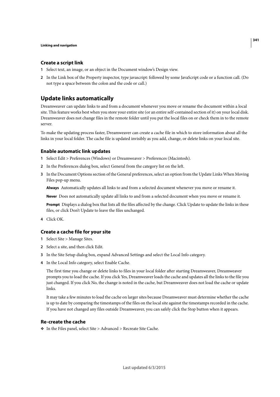 Create a script link, Update links automatically, Enable automatic link updates | Create a cache file for your site, Re-create the cache | Adobe Dreamweaver CC 2015 User Manual | Page 348 / 700