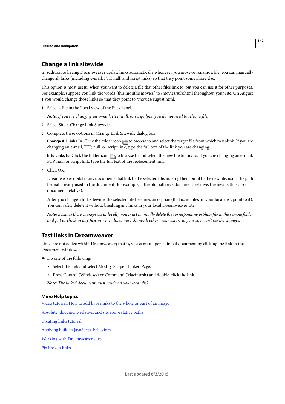 Change a link sitewide, Test links in dreamweaver | Adobe Dreamweaver CC 2015 User Manual | Page 349 / 700