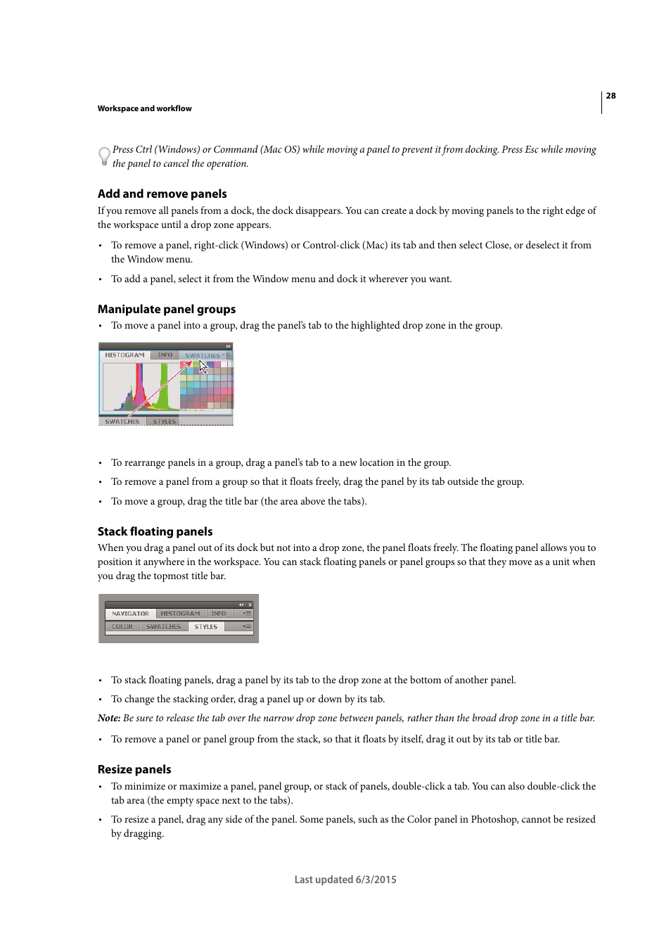 Add and remove panels, Manipulate panel groups, Stack floating panels | Resize panels | Adobe Dreamweaver CC 2015 User Manual | Page 35 / 700