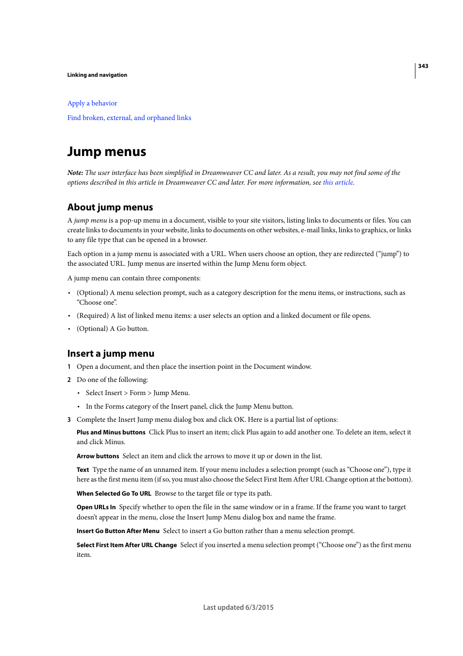 Jump menus, About jump menus, Insert a jump menu | Adobe Dreamweaver CC 2015 User Manual | Page 350 / 700