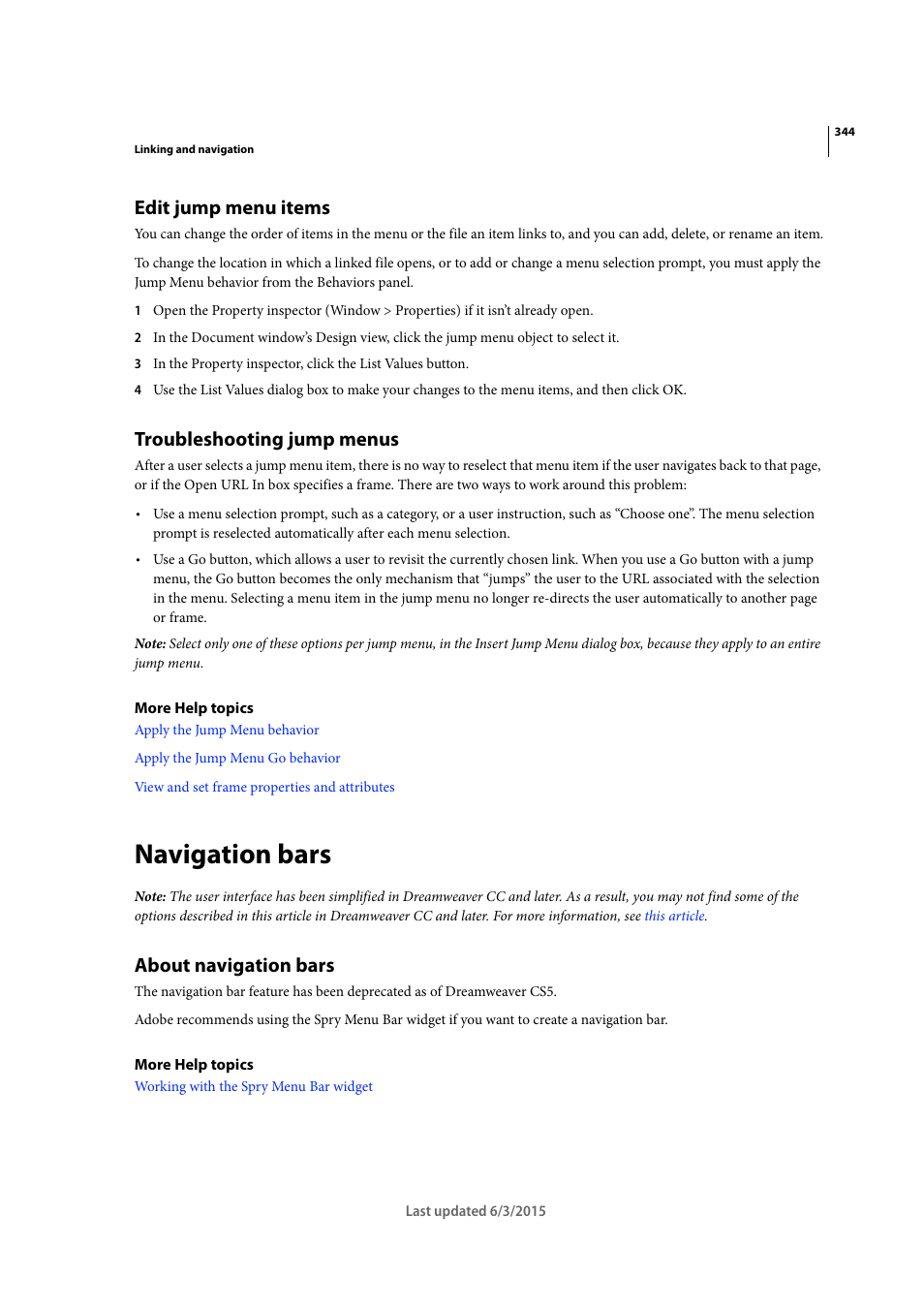 Edit jump menu items, Troubleshooting jump menus, Navigation bars | About navigation bars | Adobe Dreamweaver CC 2015 User Manual | Page 351 / 700