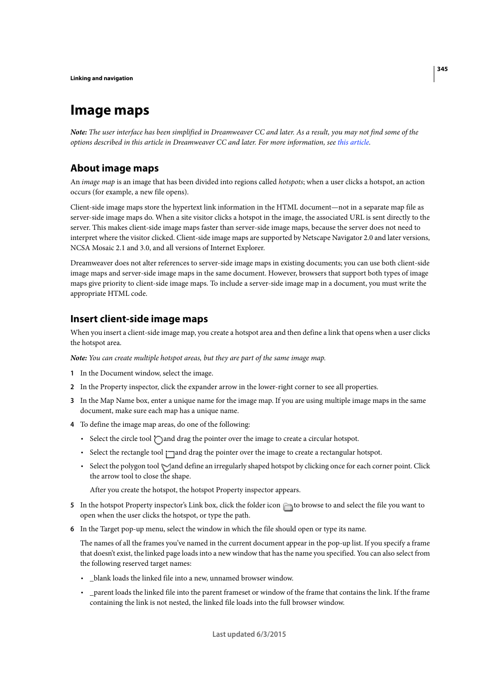 Image maps, About image maps, Insert client-side image maps | Adobe Dreamweaver CC 2015 User Manual | Page 352 / 700