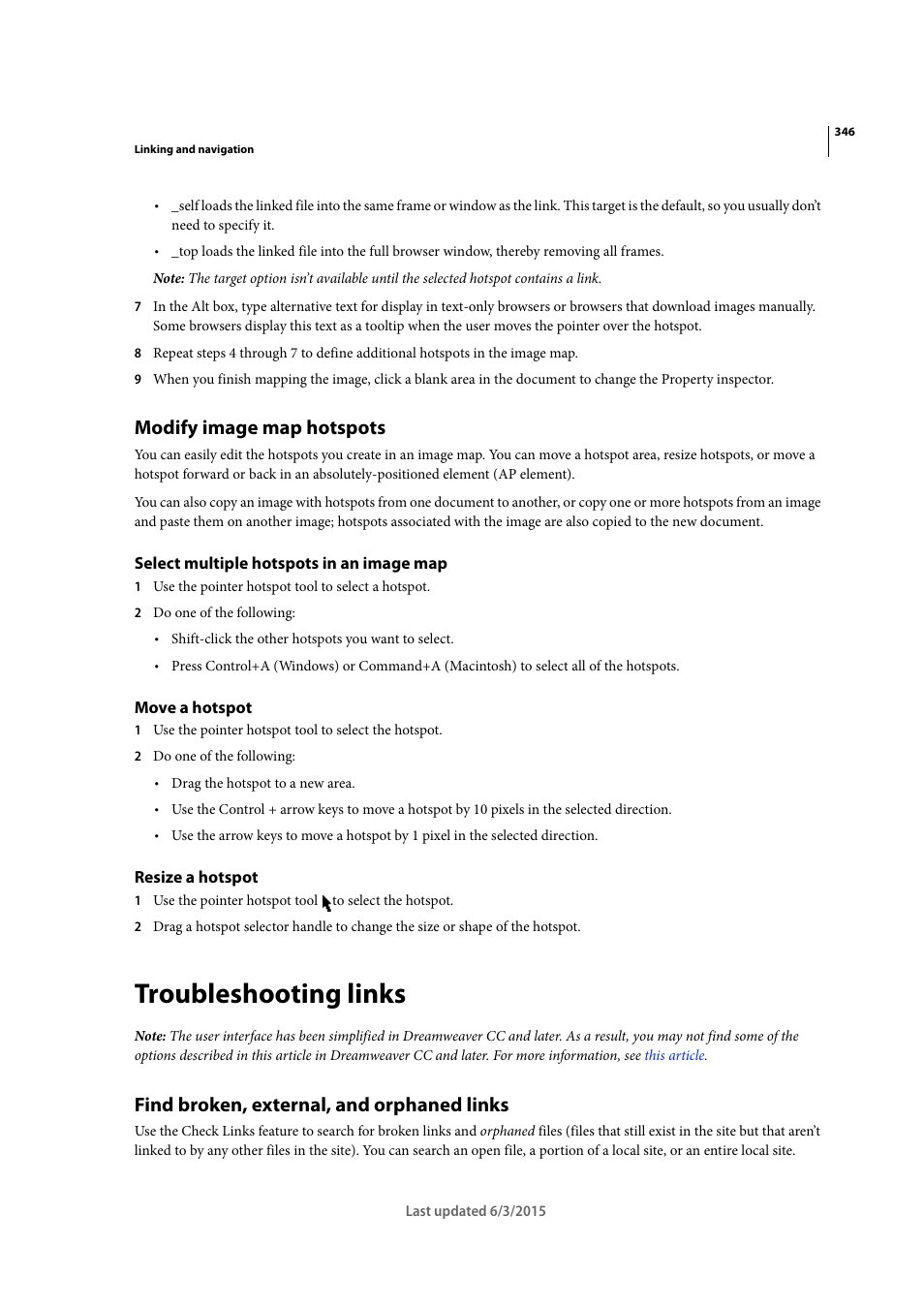 Modify image map hotspots, Select multiple hotspots in an image map, Move a hotspot | Resize a hotspot, Troubleshooting links, Find broken, external, and orphaned links | Adobe Dreamweaver CC 2015 User Manual | Page 353 / 700