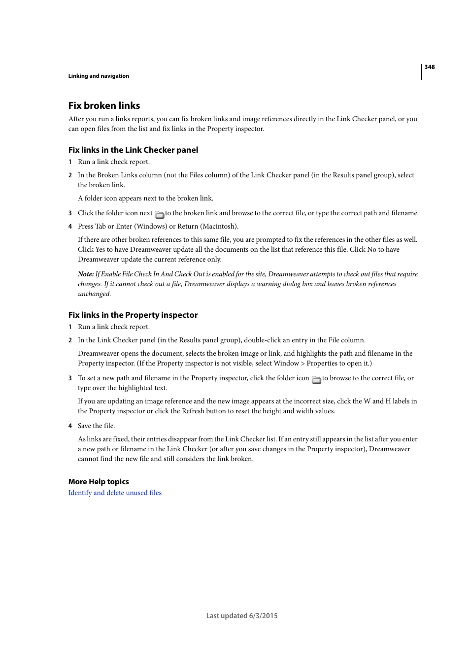 Fix broken links, Fix links in the link checker panel, Fix links in the property inspector | Adobe Dreamweaver CC 2015 User Manual | Page 355 / 700