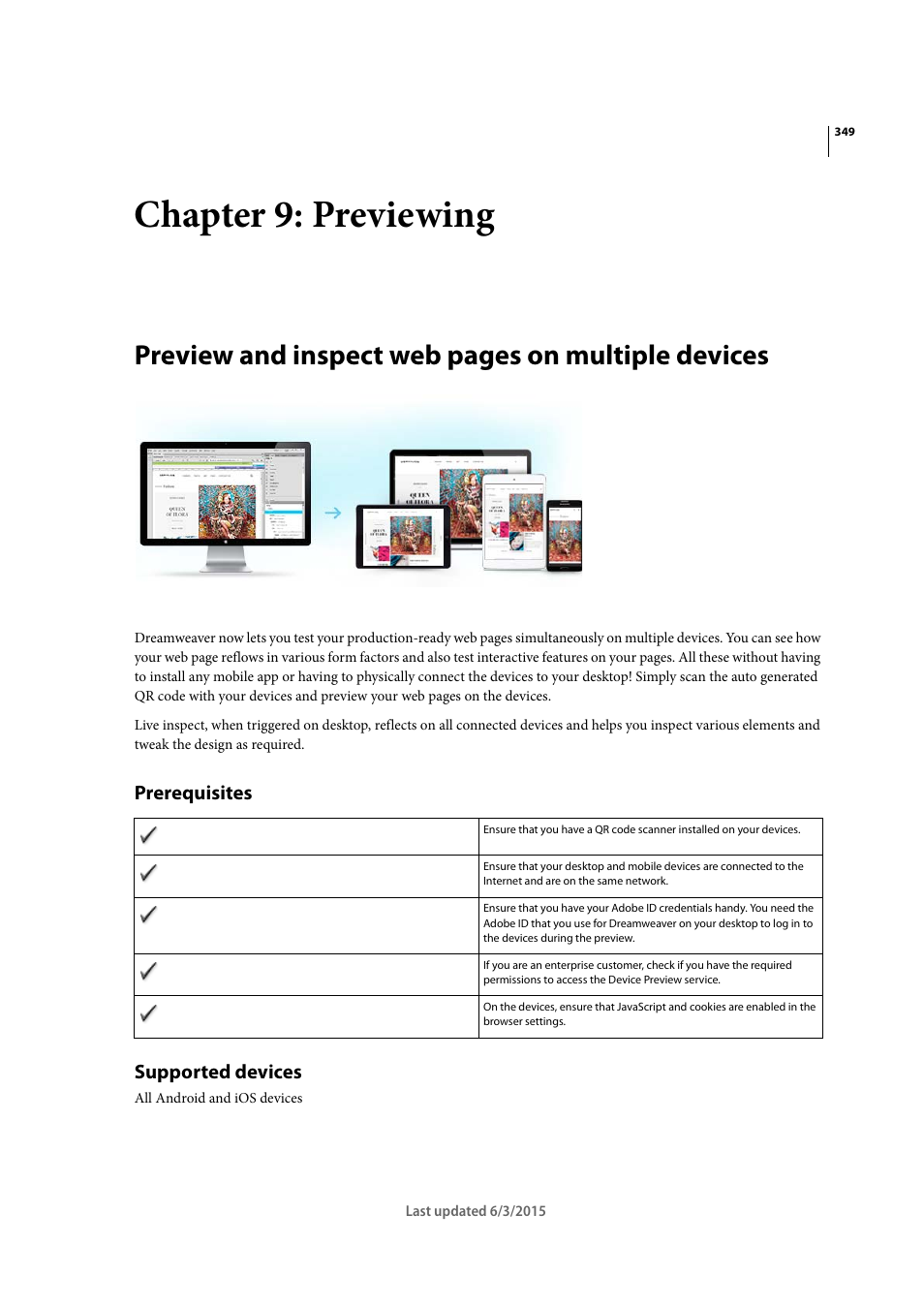 Chapter 9: previewing, Prerequisites, Supported devices | Preview and inspect web pages on multiple devices | Adobe Dreamweaver CC 2015 User Manual | Page 356 / 700