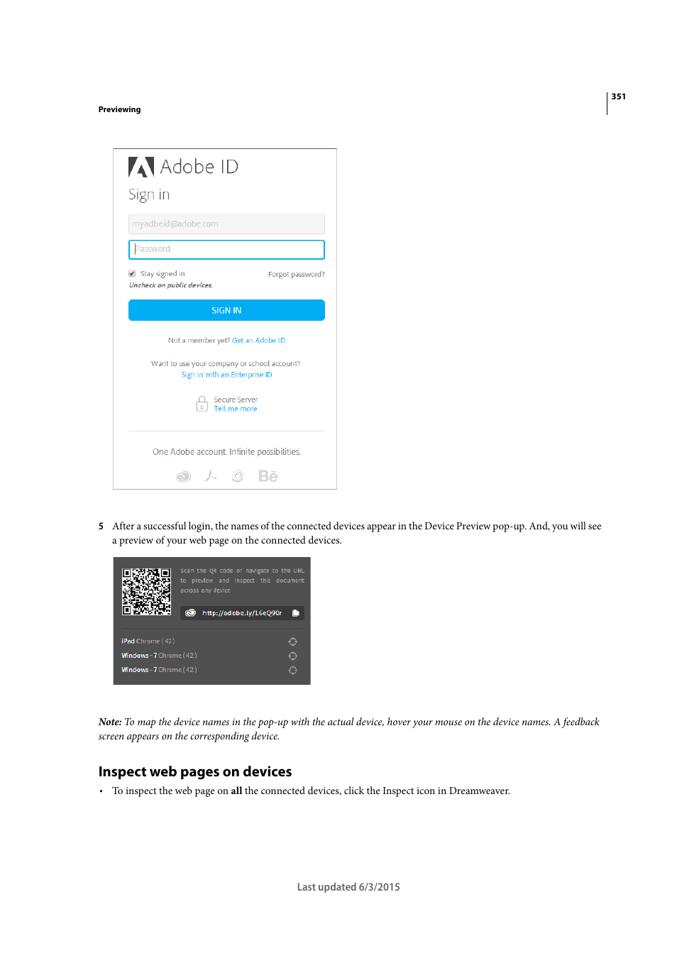 Inspect web pages on devices | Adobe Dreamweaver CC 2015 User Manual | Page 358 / 700