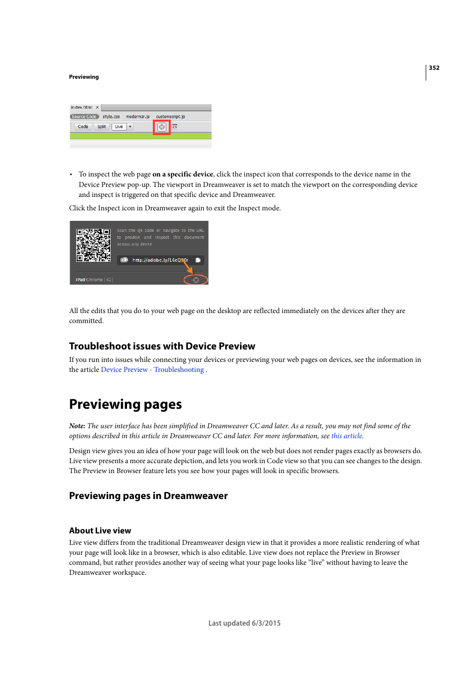 Troubleshoot issues with device preview, About live view, Previewing pages | Previewing pages in dreamweaver | Adobe Dreamweaver CC 2015 User Manual | Page 359 / 700