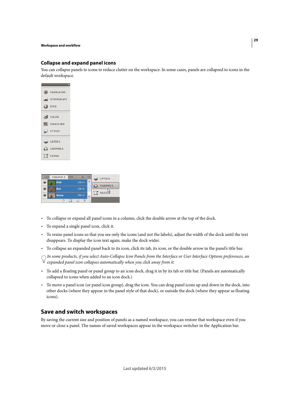 Collapse and expand panel icons, Save and switch workspaces | Adobe Dreamweaver CC 2015 User Manual | Page 36 / 700