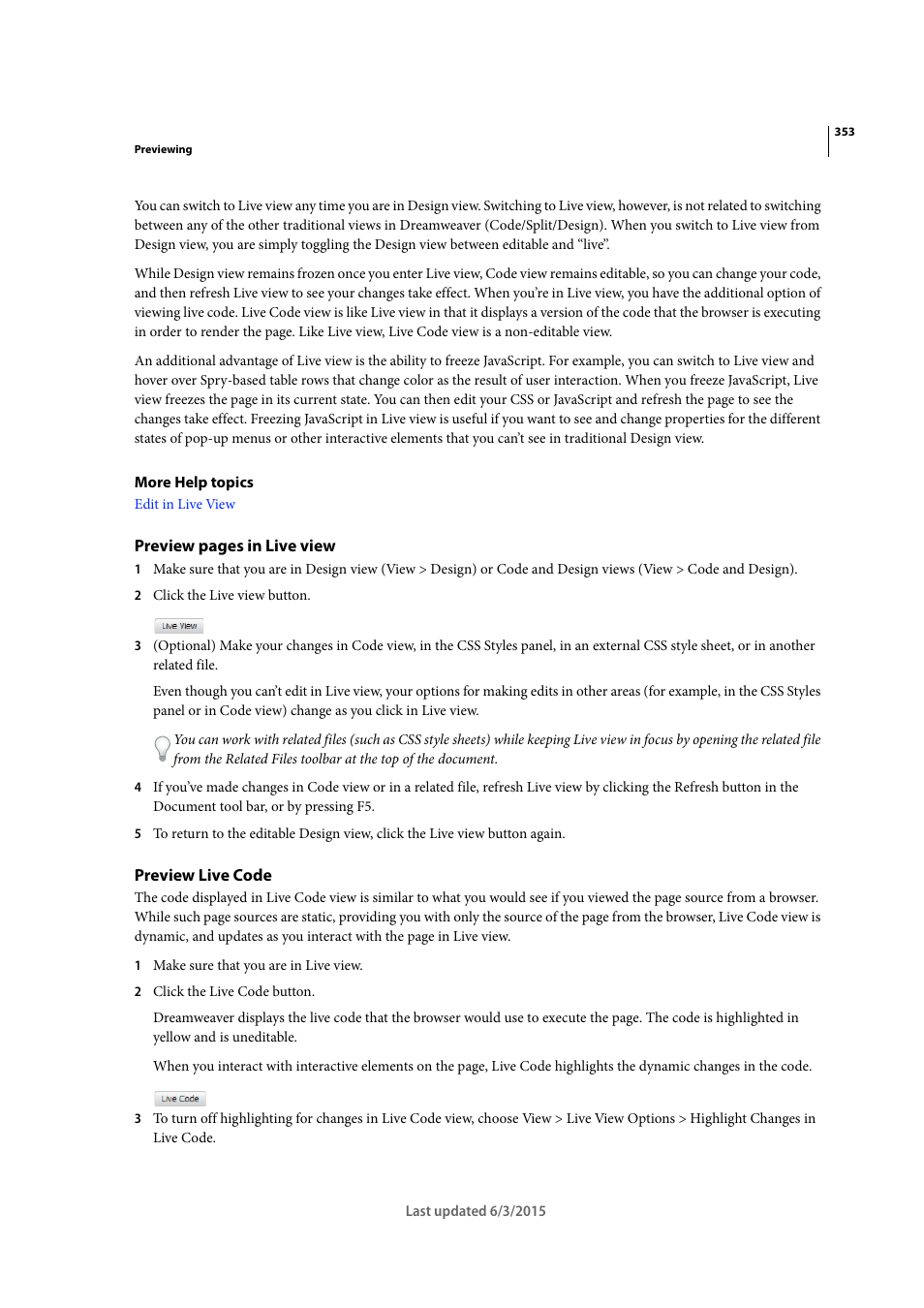 Preview live code | Adobe Dreamweaver CC 2015 User Manual | Page 360 / 700