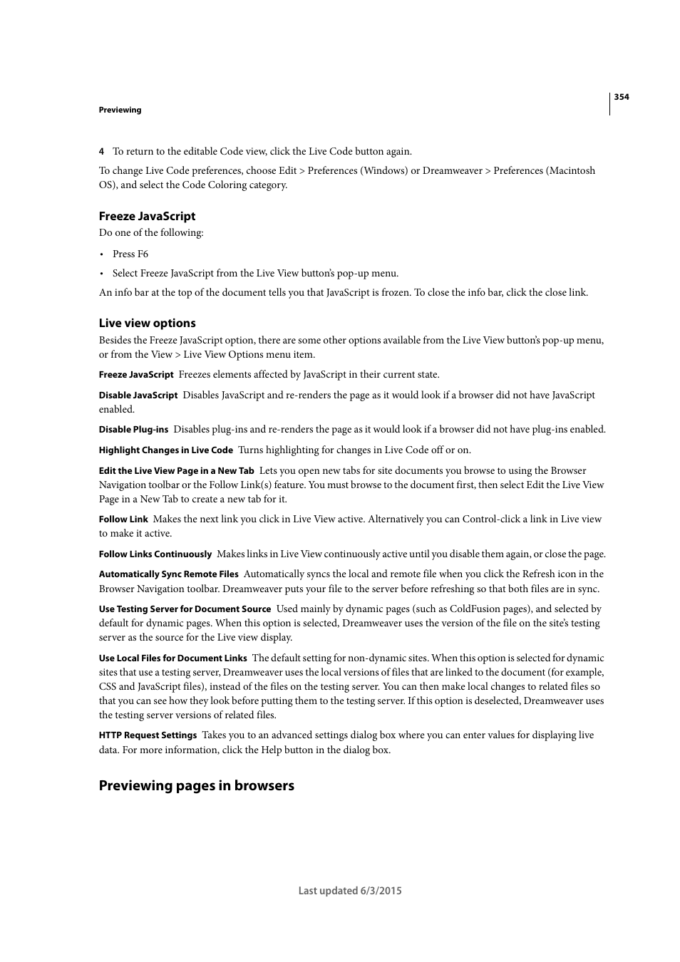 Freeze javascript, Live view options, Previewing pages in browsers | Adobe Dreamweaver CC 2015 User Manual | Page 361 / 700