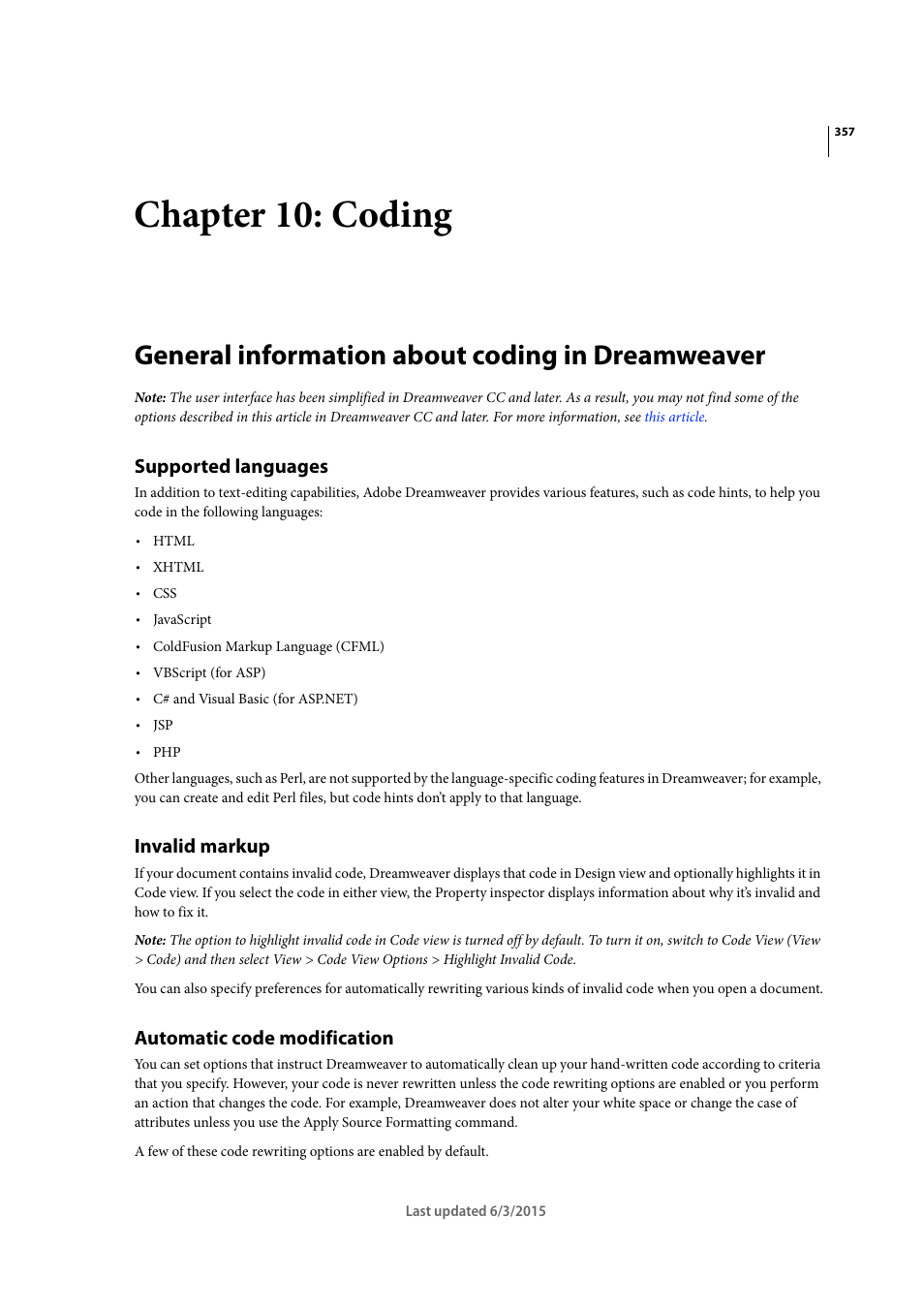 Chapter 10: coding, General information about coding in dreamweaver, Supported languages | Invalid markup, Automatic code modification | Adobe Dreamweaver CC 2015 User Manual | Page 364 / 700