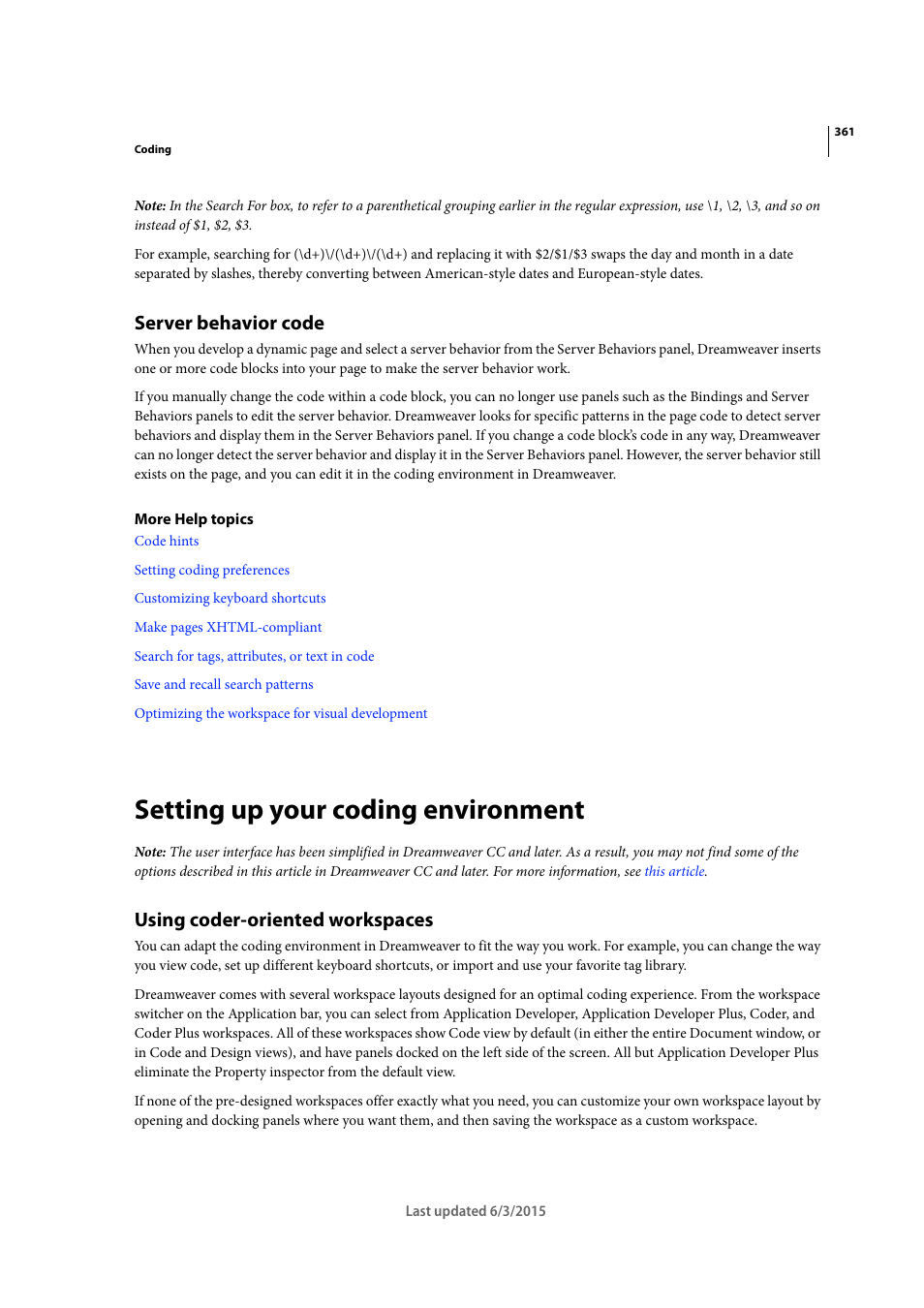 Server behavior code, Setting up your coding environment, Using coder-oriented workspaces | Adobe Dreamweaver CC 2015 User Manual | Page 368 / 700