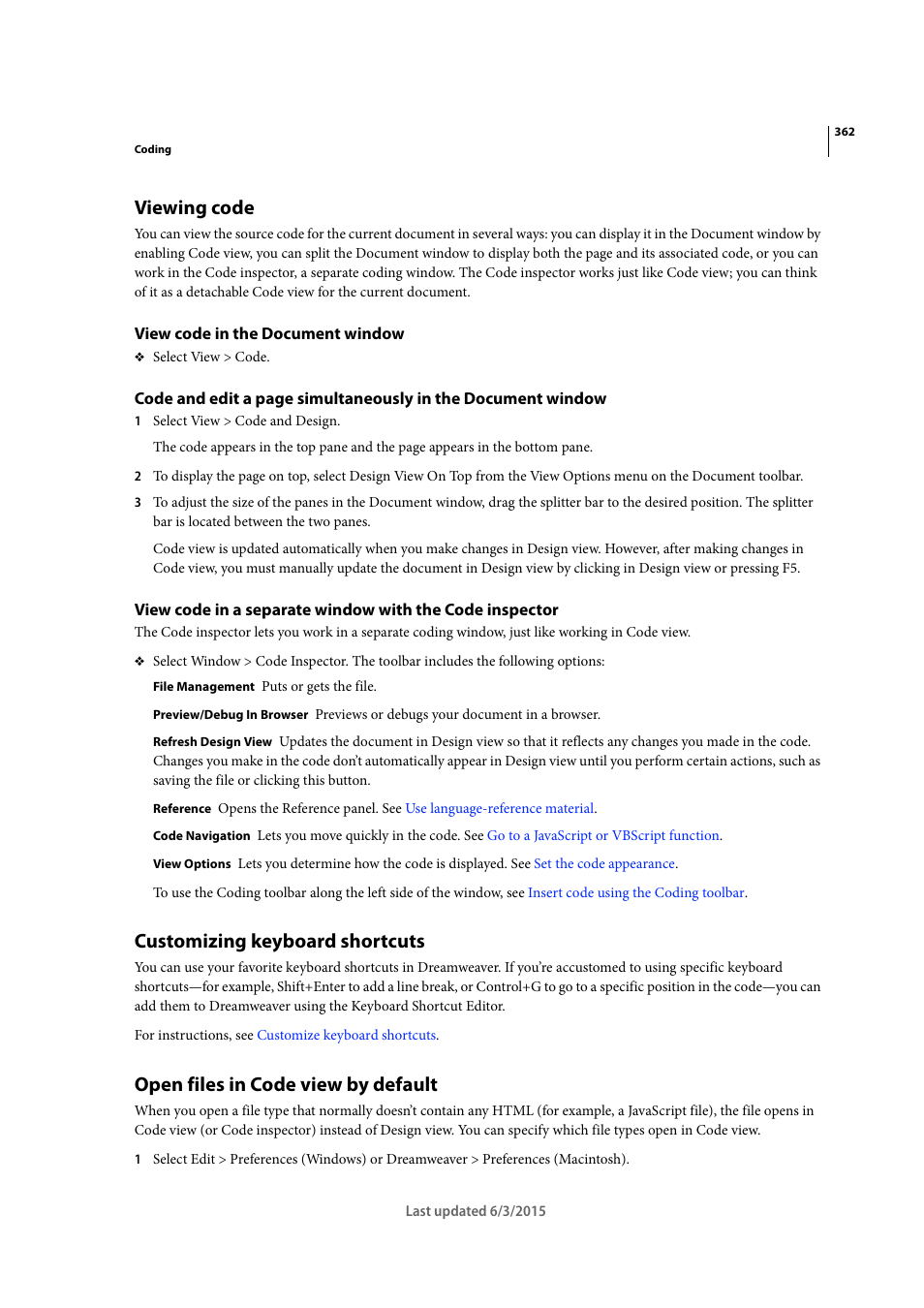 Viewing code, View code in the document window, Customizing keyboard shortcuts | Open files in code view by default | Adobe Dreamweaver CC 2015 User Manual | Page 369 / 700