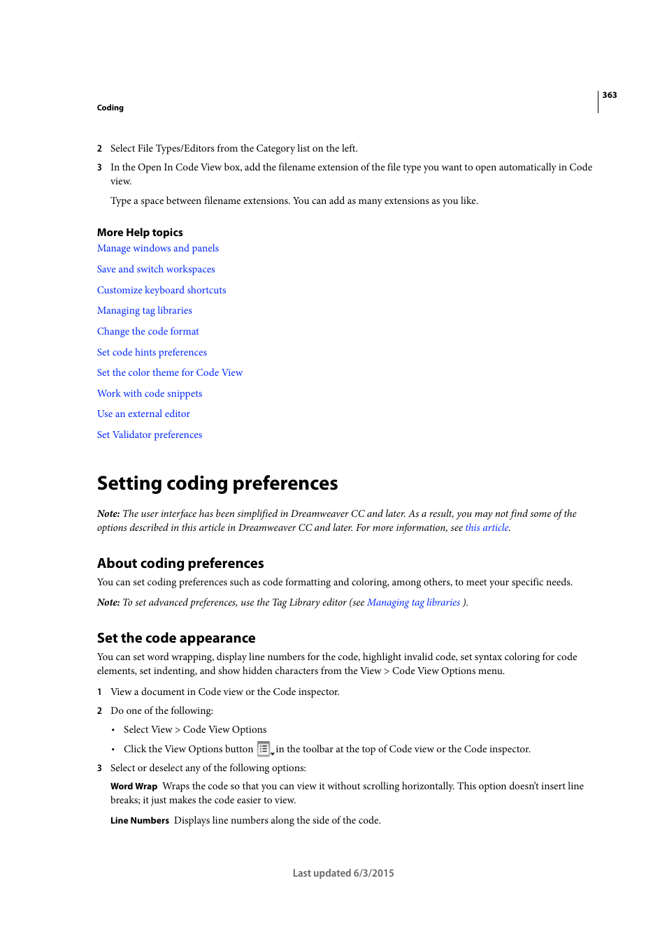 Setting coding preferences, About coding preferences, Set the code appearance | Adobe Dreamweaver CC 2015 User Manual | Page 370 / 700