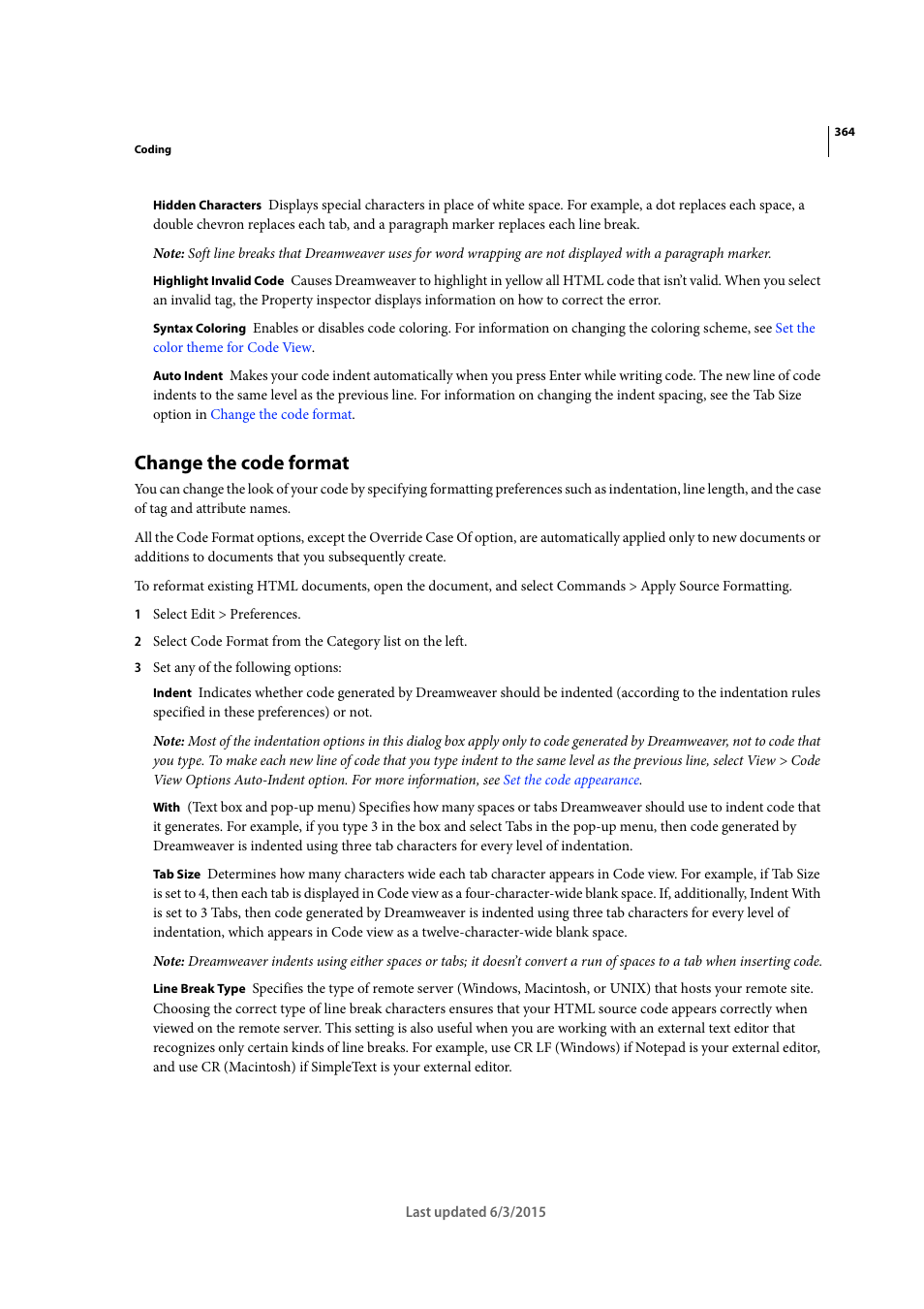 Change the code format | Adobe Dreamweaver CC 2015 User Manual | Page 371 / 700