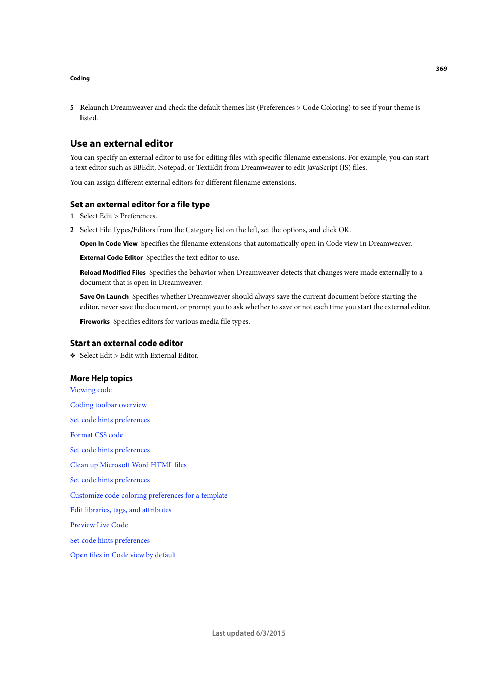 Use an external editor, Set an external editor for a file type, Start an external code editor | Adobe Dreamweaver CC 2015 User Manual | Page 376 / 700