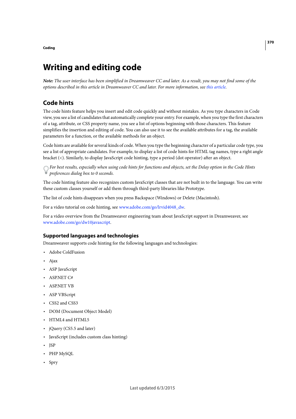 Writing and editing code, Code hints, Supported languages and technologies | Adobe Dreamweaver CC 2015 User Manual | Page 377 / 700