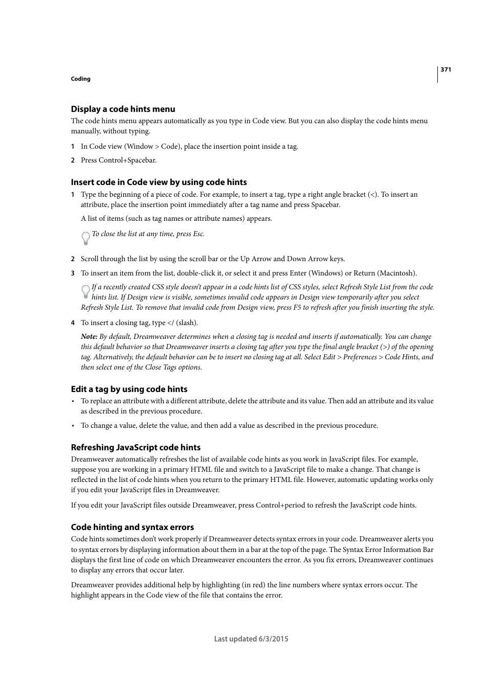 Display a code hints menu, Insert code in code view by using code hints, Edit a tag by using code hints | Refreshing javascript code hints, Code hinting and syntax errors | Adobe Dreamweaver CC 2015 User Manual | Page 378 / 700