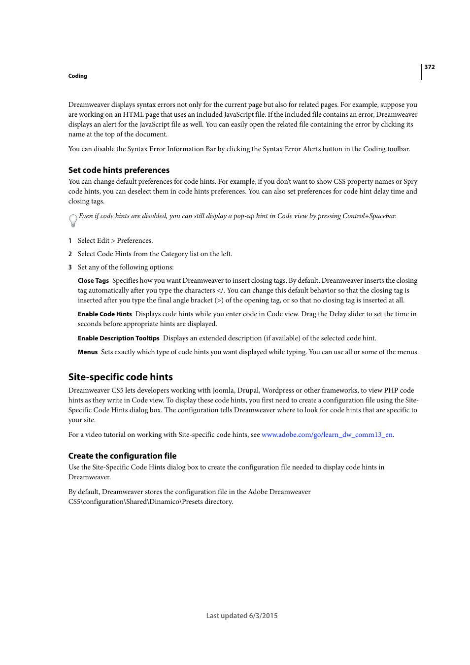 Set code hints preferences, Site-specific code hints, Create the configuration file | Adobe Dreamweaver CC 2015 User Manual | Page 379 / 700