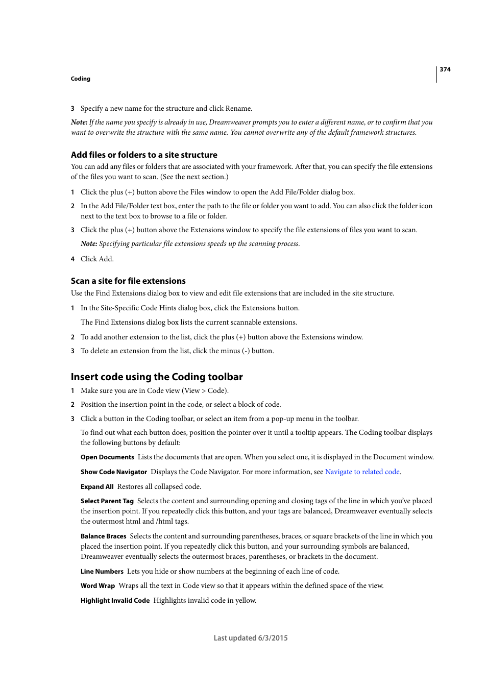 Add files or folders to a site structure, Scan a site for file extensions, Insert code using the coding toolbar | Adobe Dreamweaver CC 2015 User Manual | Page 381 / 700