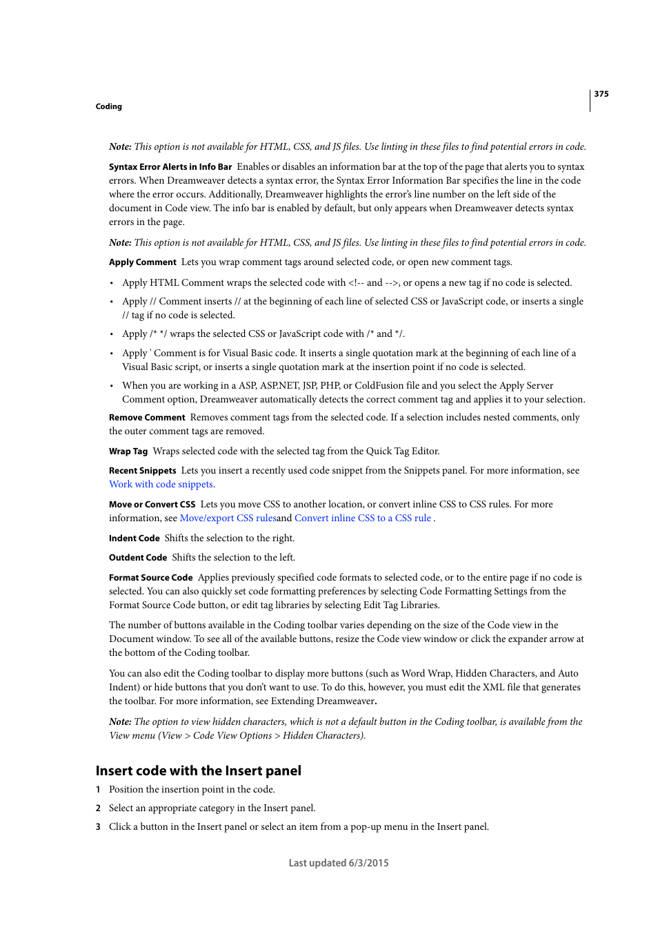 Insert code with the insert panel | Adobe Dreamweaver CC 2015 User Manual | Page 382 / 700