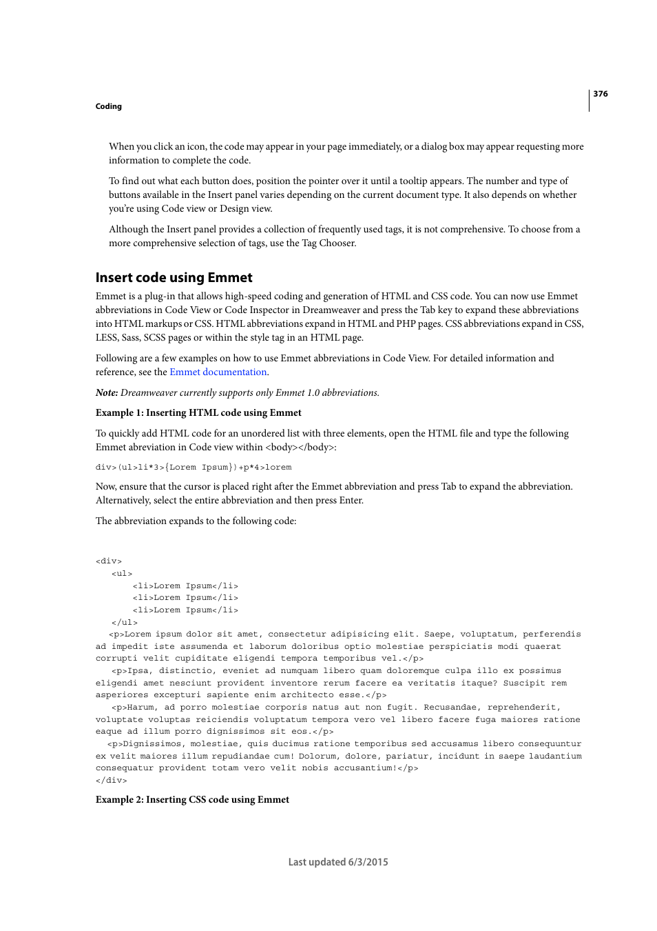 Insert code using emmet | Adobe Dreamweaver CC 2015 User Manual | Page 383 / 700