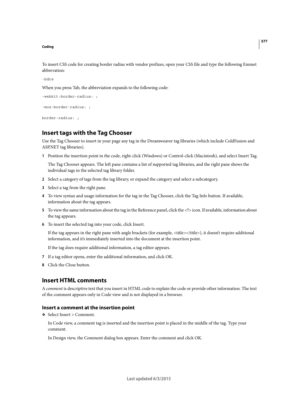 Insert tags with the tag chooser, Insert html comments, Insert a comment at the insertion point | Adobe Dreamweaver CC 2015 User Manual | Page 384 / 700